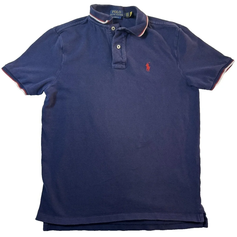 Polo Ralph Lauren Polo Shirt Quiet Luxury Mens S Blue Red Border Trim Streetwear